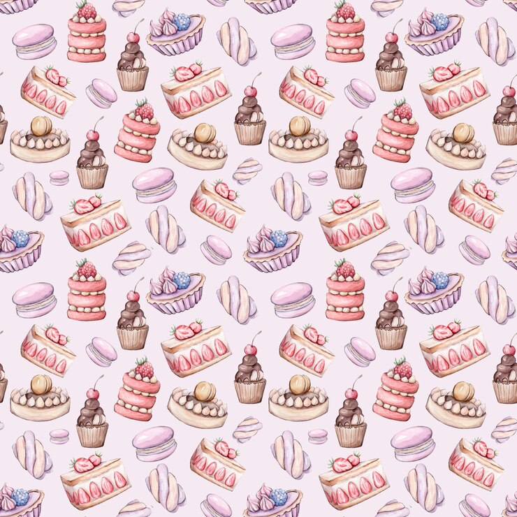 Foto padrão sem emenda com doces e guloseimas em um fundo rosa.