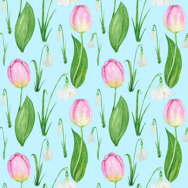 Padrão sem emenda com floco de neve e tulipa flores da primavera aquarela ilustração fundo