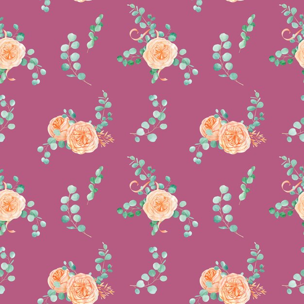 Padrão sem emenda com flor de Austin inglês rosa pêssego e eucalipto