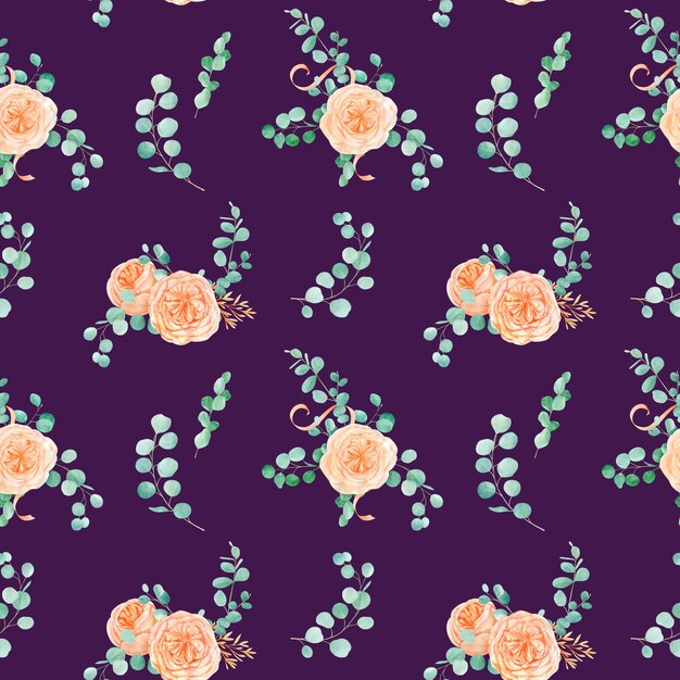 Padrão sem emenda com flor de Austin inglês rosa pêssego e eucalipto