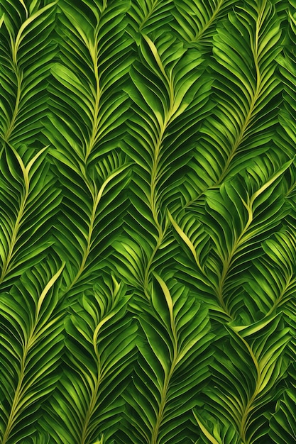 Padrão sem emenda com folhas tropicais em um fundo verde.