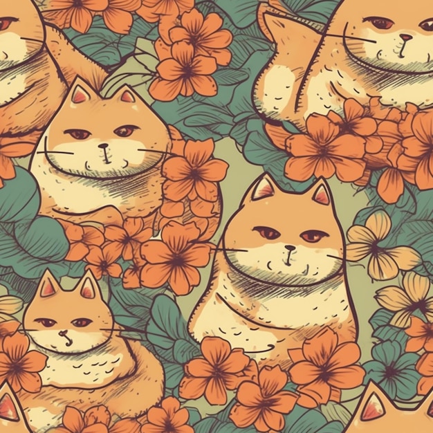 Padrão sem emenda com gatos e flores em um fundo amarelo.