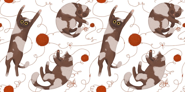 Foto padrão sem emenda com gatos engraçados com bolas de lã. brincando e dormindo gatos.