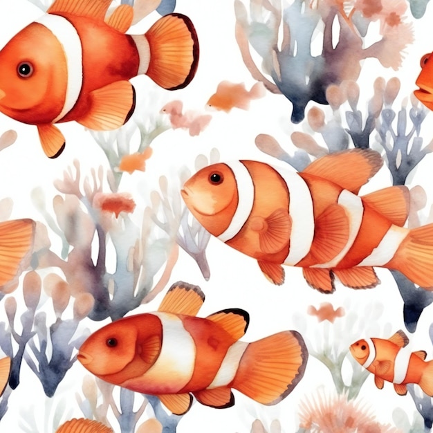 Padrão sem emenda com peixe-palhaço e corais em um fundo branco. ilustração em aquarela. padrão perfeito com peixe-palhaço e corais em um fundo branco. ilustração isenta de royalties de aquarela