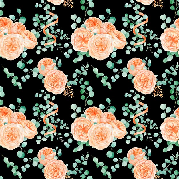 Padrão sem emenda com pêssego e laranja com inglês rosa Austin flor e eucalipto