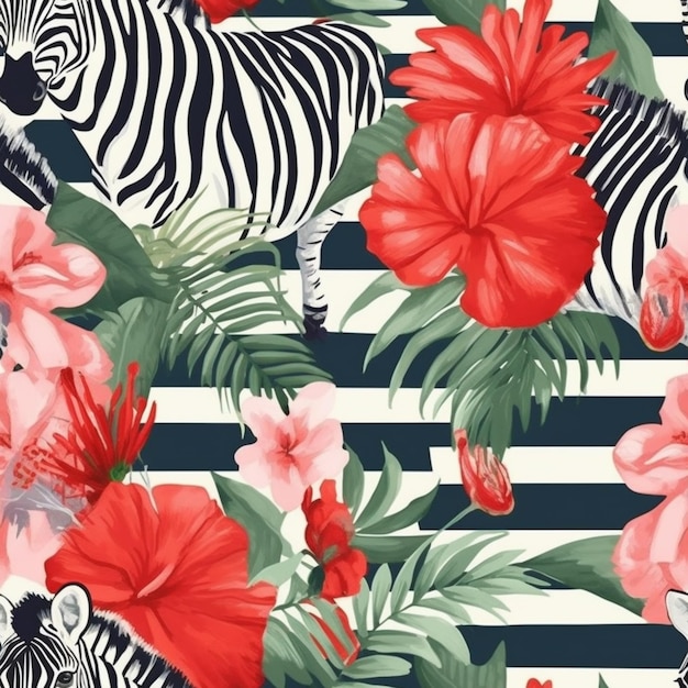 Padrão sem emenda com zebras e flores de hibisco em um fundo listrado.