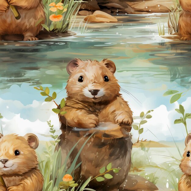 Padrão sem emenda Cute Beaver aquarela design gerado por IA