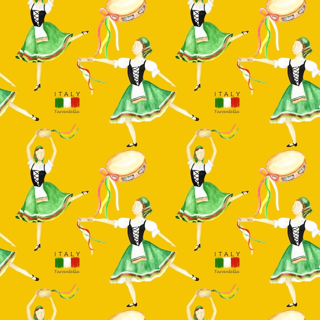 Padrão sem emenda dançarinos em traje nacional verde uma tarantela italiana com um pandeiro em fundo amarelo. dançarina de mulher em traje popular itália. textura de tecido aquarela