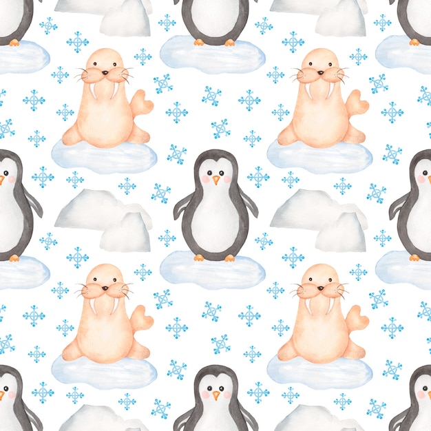 Padrão sem emenda de animais bebês, papel de crianças desenhado à mão em aquarela, papel de repetição pinguin, selo fofo e impressão de neve, padrão de crianças, design de berçário