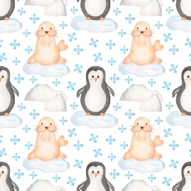 Padrão sem emenda de animais bebês, papel de crianças desenhado à mão em aquarela, papel de repetição pinguin, selo fofo e impressão de neve, padrão de crianças, design de berçário