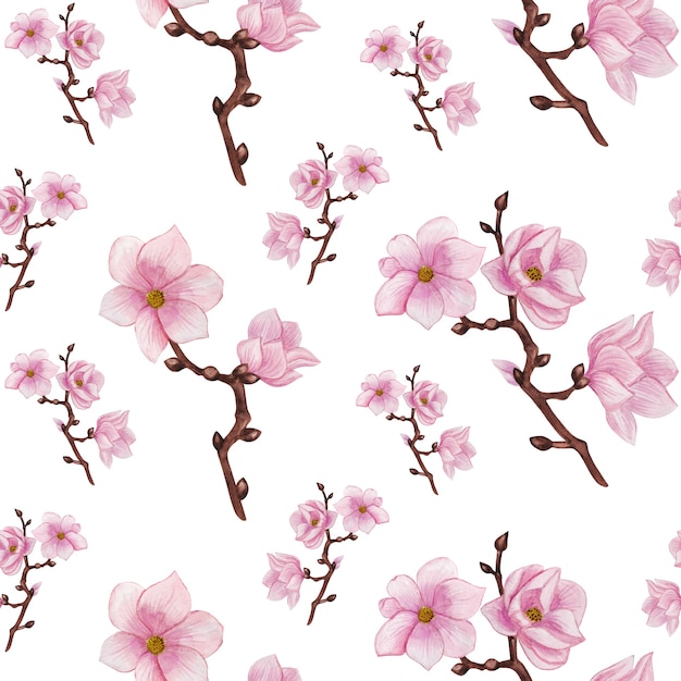 Foto padrão sem emenda de aquarela magnólia, flores cor de rosa, padrão de ramos de magnólia