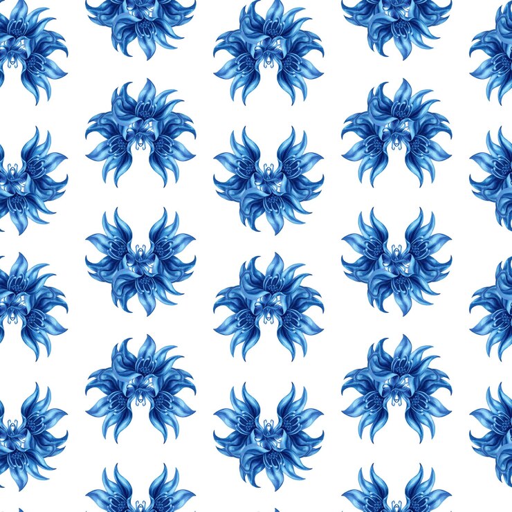 Foto padrão sem emenda de aquarela monocromática com flores mágicas azuis abstratas, algas marinhas e peixes