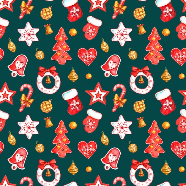 padrão sem emenda de brinquedos de Natal pintados com aquarela
