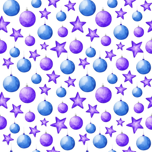 Padrão sem emenda de brinquedos de Natal violeta. Impressão de repetição de ano novo em fundo branco. Design de aquarela de decorações de inverno.