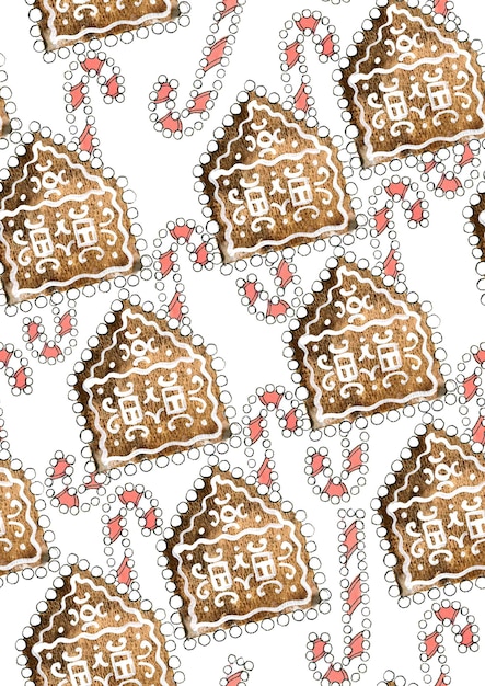 Padrão sem emenda de casas de pão de mel e pirulitos de Natal em um fundo branco