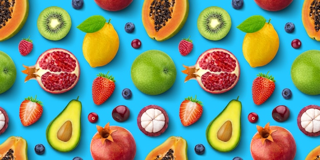 Padrão sem emenda de diferentes frutas e bagas, lay plana, vista superior, textura tropical e exótica