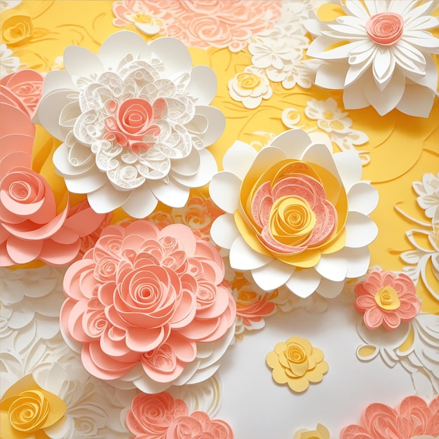 Padrão sem emenda de estilo de arte de papel de rosas cor de rosa e amarelas 3D coral