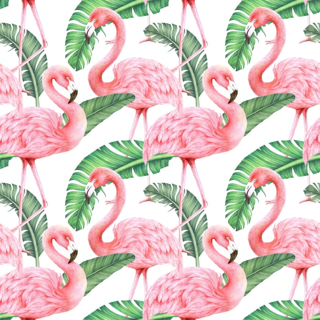 Foto padrão sem emenda de flamingos e folhas de bananeira