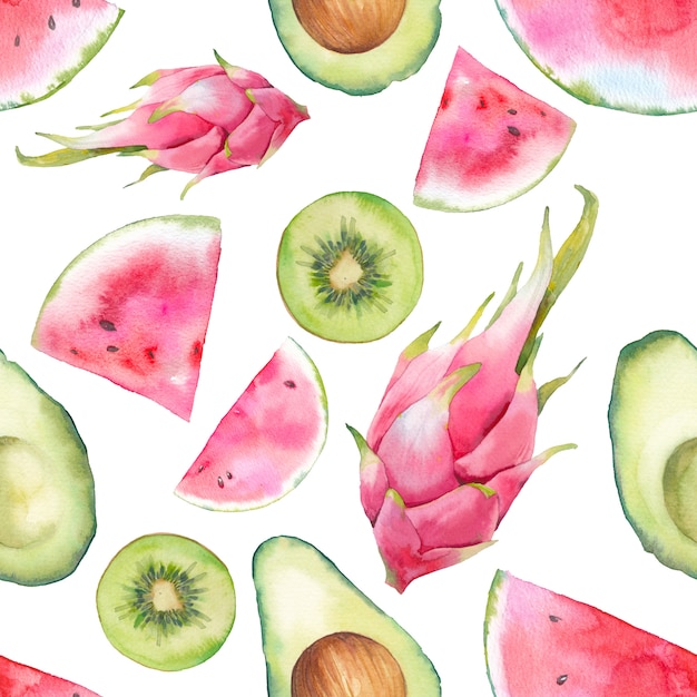 Padrão sem emenda de frutas exóticas em aquarela. Pintados à mão textura com melancia, pitaya, abacate, kiwi