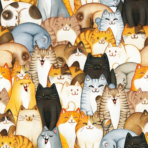 Foto padrão sem emenda de gatinhos desenhados à mão