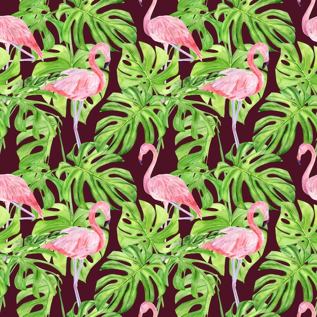 Padrão sem emenda de ilustração em aquarela de folhas tropicais e flamingo rosa.