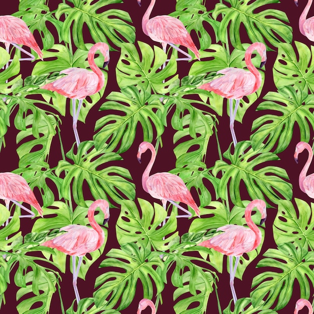 Foto padrão sem emenda de ilustração em aquarela de folhas tropicais e flamingo rosa.