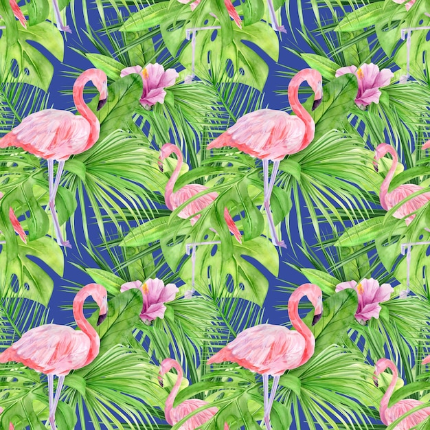 Padrão sem emenda de ilustração em aquarela de folhas tropicais e flamingo rosa.