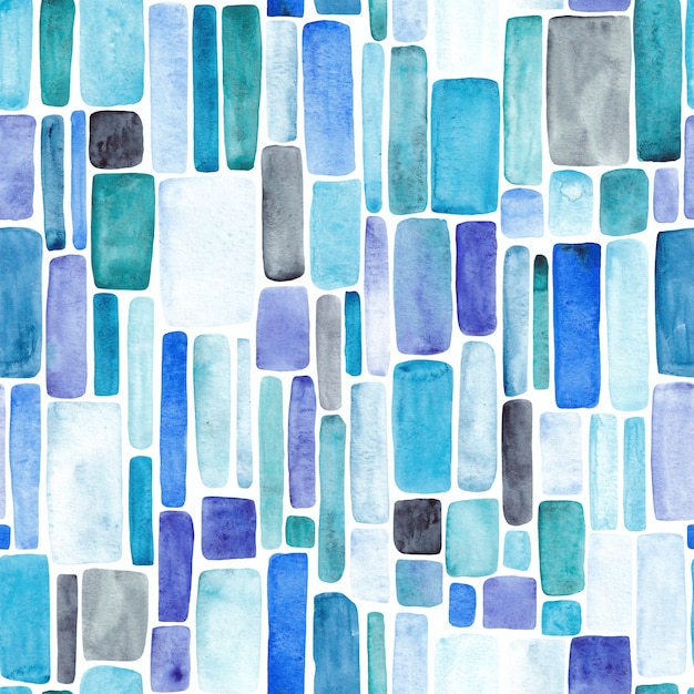 Padrão sem emenda de manchas azuis, turquesas e roxas. Ilustração em aquarela. Fundo de mosaico azul.