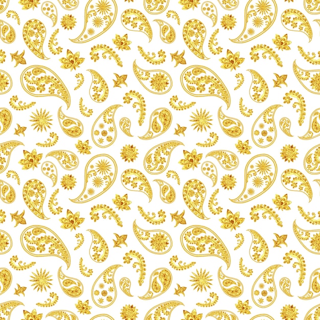 Padrão sem emenda de ouro de Paisley. Mão desenhada dourado tradicional asiático étnico oriental árabe indiano floral paisley batik ornamento de elementos em fundo branco. Estampa Ornamental elegante em tecido