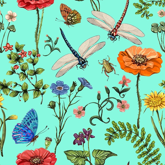 Padrão sem emenda de vetor de verão Papel de parede botânico Plantas insetos flores em estilo vintage Borboletas libélulas besouros e plantas no estilo de Provence em um fundo claro