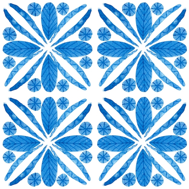 Padrão sem emenda em aquarela de azulejo. azulejos tradicionais portugueses. desenho abstrato. arte em aquarela para têxteis, papel de parede, impressão, design de trajes de banho. padrão de azulejo azul.