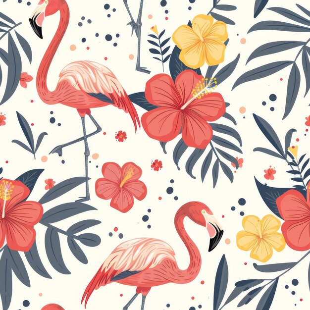 Padrão simples de verão tropical sem costuras com flamingos e flores de hibisco