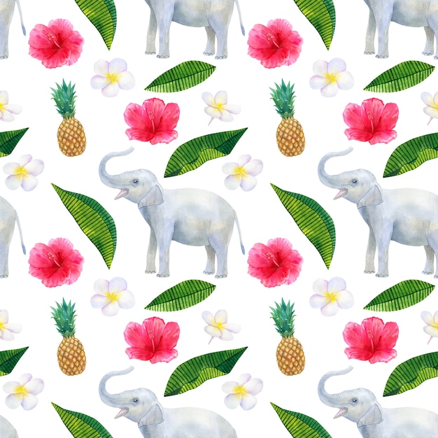 Padrão tropical com belas flores rosa vermelha hibisco e frangipani branco ou plumeria e abacaxi e elefante. Textura perfeita. Mão-extraídas ilustração em aquarela.