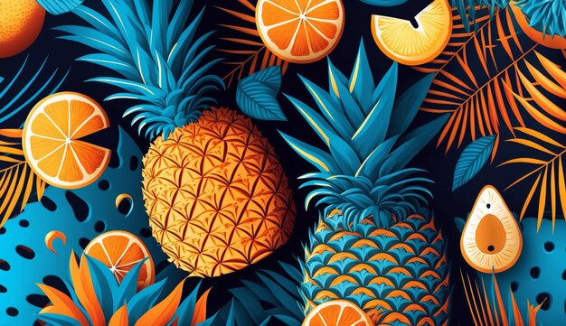 Foto padrão tropical com laranjas, abacaxi e outras frutas ia generativa