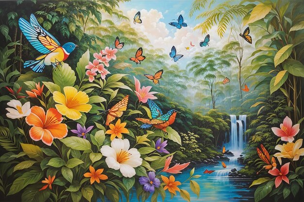 Padrão tropical com pássaros e flores
