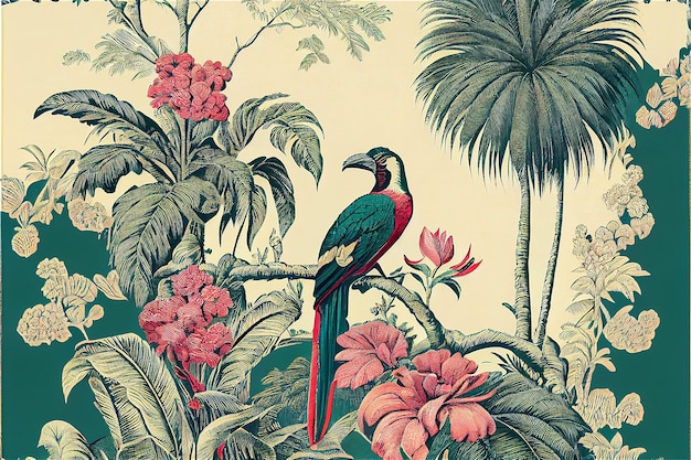 Padrão tropical exótico com papagaios e flores em estilo toile de jouy