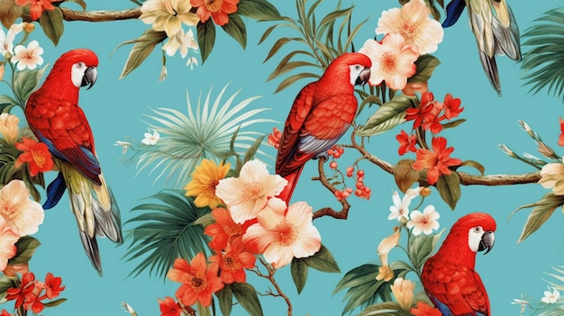 padrão tropical exótico com papagaios e flores