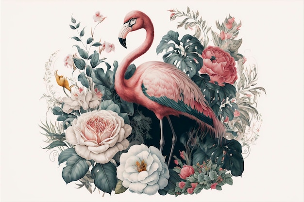 Padrão tropical perfeito com flamingo Aquarela trópico desenho pássaro rosa e palmeira verde trópico textura verde flor exótica ai generative