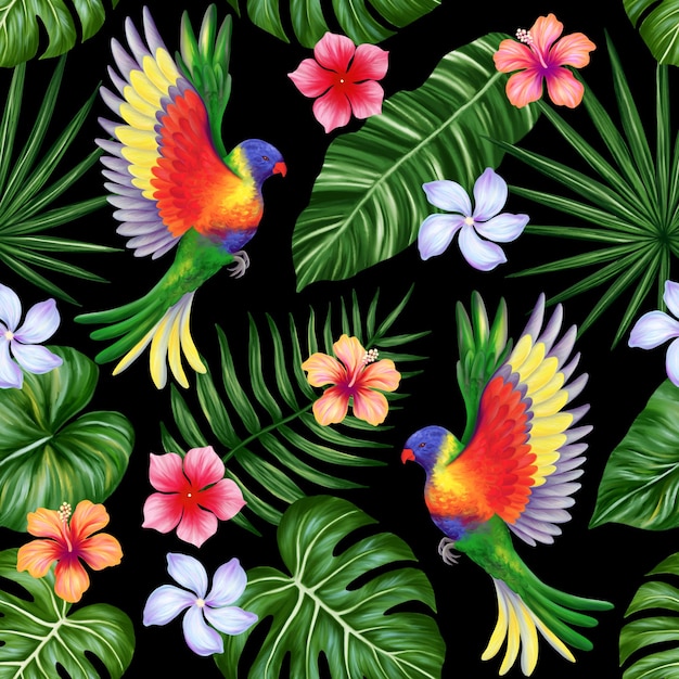 Padrão tropical sem costura Impressão vívida colorida com belas folhas de selva de palmeiras e papagaios lorikeet Design de luxo repetido para embalagem de papel de parede têxtil de moda cosmética