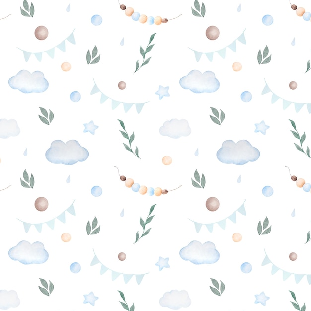 Padrão uniforme de aquarela com gotas de bandeiras de bolas de nuvens e estrelas em cores azuis sobre fundo branco
