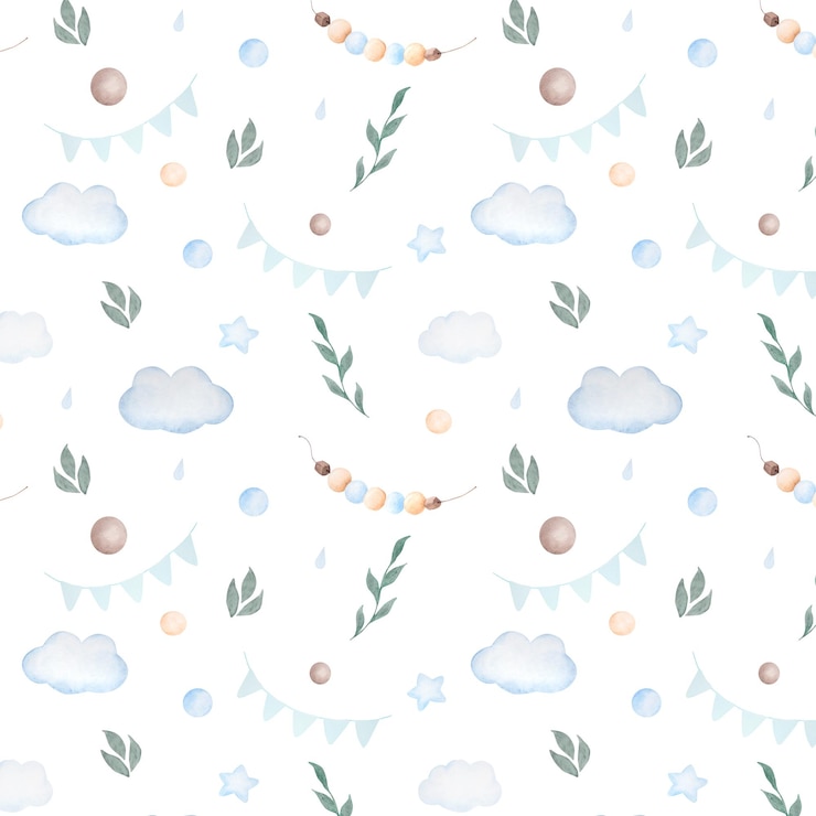 Foto padrão uniforme de aquarela com gotas de bandeiras de bolas de nuvens e estrelas em cores azuis sobre fundo branco