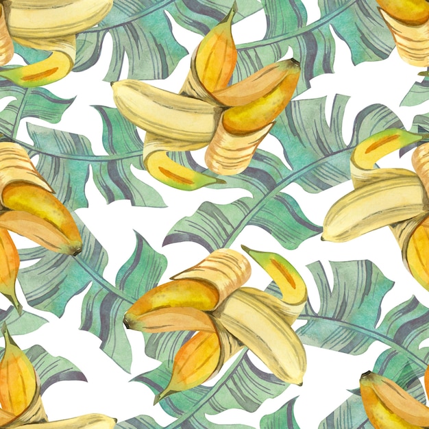 Foto padrão uniforme padrão de aquarela de bananas maduras abertas e folhas verdes sobre fundo branco