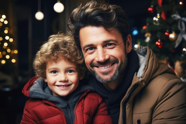 El padre abraza a su hijo contra el fondo de un retrato familiar de un árbol de Navidad