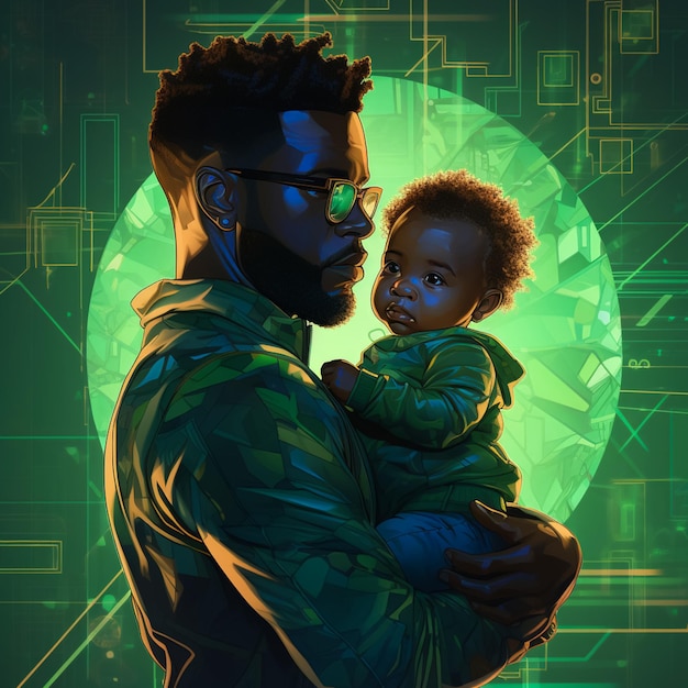 padre africano con el bebé en sus brazos luminoso con el concepto clave en el fondo gris arial