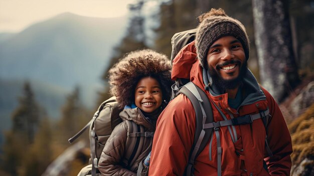 Padre afroamericano caminando con su hijo en las montañas de la Patagonia argentina