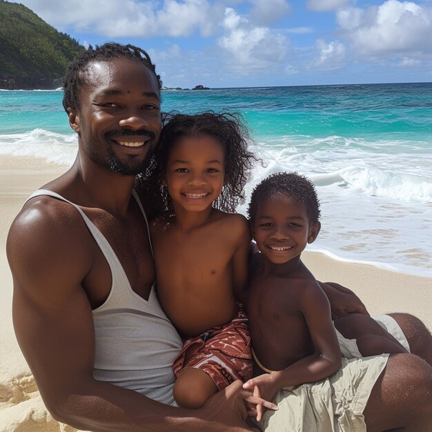 Padre afroamericano con hijos en la playa junto al mar