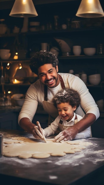 padre afroamericano negro enseñando a su hijo afro a cocinar en la cocina en casa