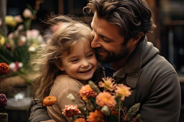 Padre alegre abrazando a su hija linda con un ramo de flores