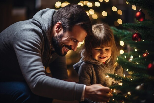 Padre alegre ayudando a su hija a decorar el árbol de Navidad en casa