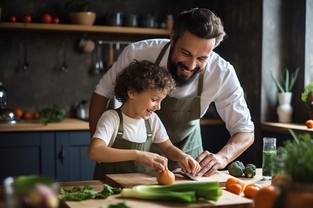 Foto padre alegre y niño divirtiéndose mientras cocinan juntos